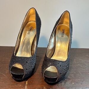 Express Black and Gold Studded Peep Toe Heels